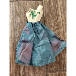Vintage Doll Dress Cream Bodice Teal Satin Skirt Green Floral Applique Fair
